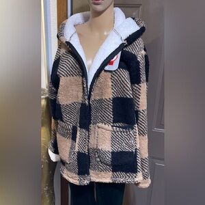 Plaid Teddy Jacket - Black and Brown
